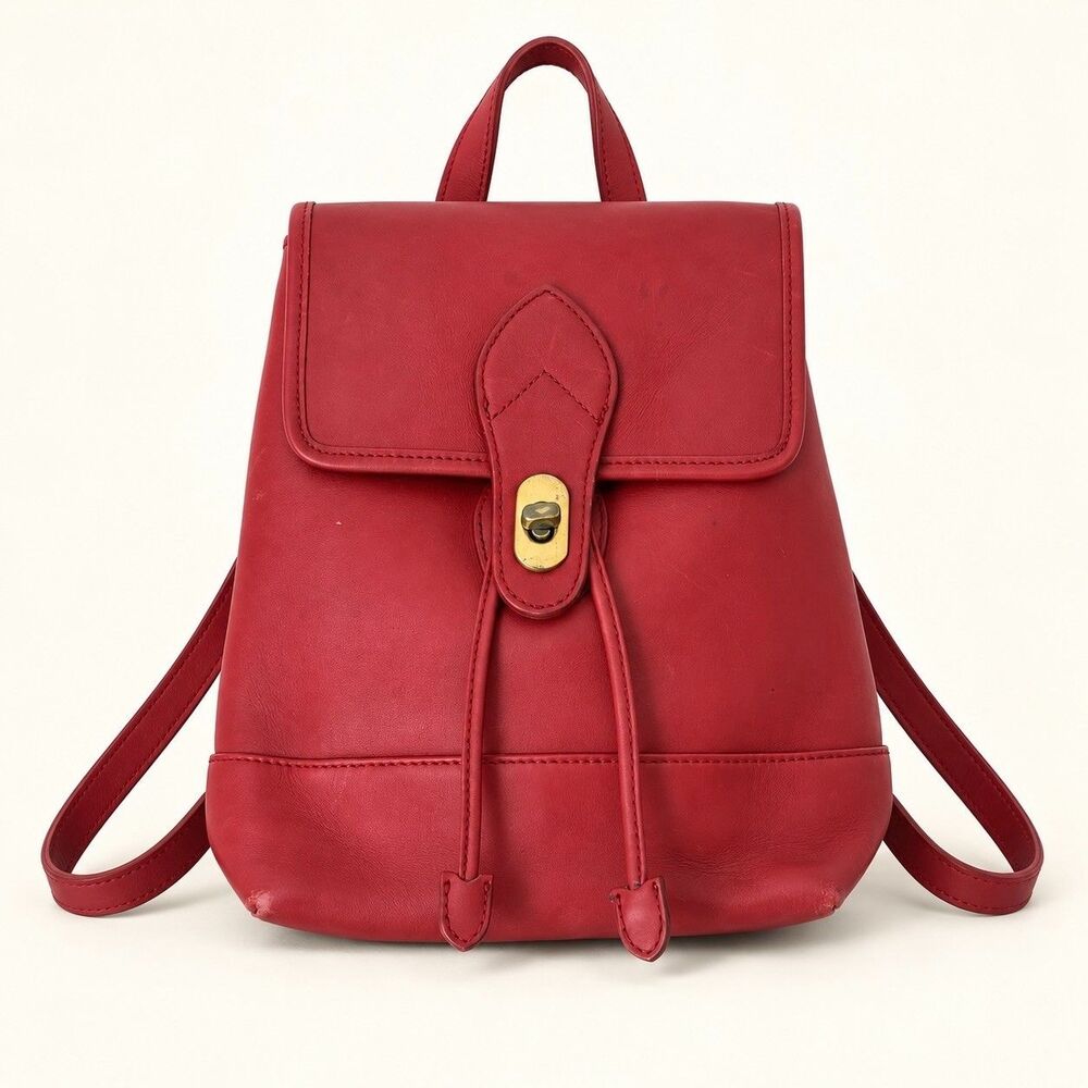 Croft And Barrow Vintage Genuine Leather Red Small Backpack Turnlock Brass